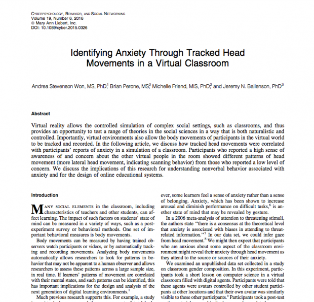 スタンフォード大 Vrでの頭の動きを追跡し記録 分析から参加者の 不安 を識別する論文を発表 Seamless