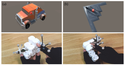 複数の小型自走ロボットがレゴのように引っ付き合いVR内の物体を再現